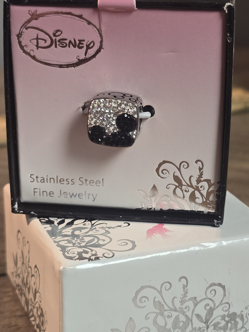 Disney Stainless Steel Pink & Black Crystal Charm